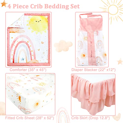 Image of CARULLI Crib Bedding Set for Girls, 4-Piece Pink Rainbow Baby Crib Bedding Set, Soft & Cozy Crib Sets Includes Comforter, Fitted Crib Sheet, Crib Skirt, and Diaper Stacker