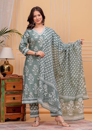 Image of MEERA FAB Women's Cotton Blend Straight Printed Kurta with Palazzo & Dupatta