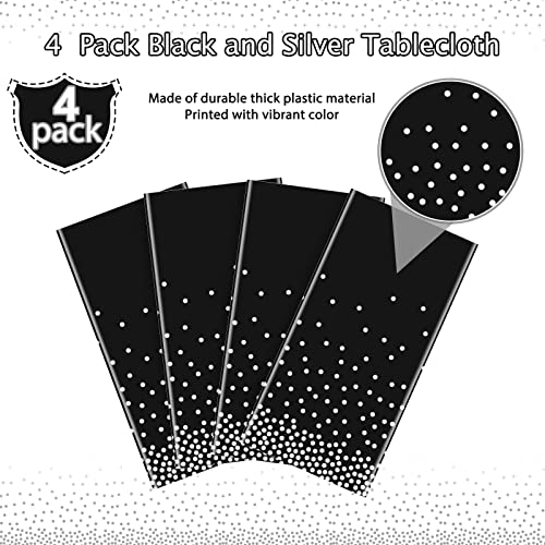 Funnypars 4 Pack Black And Silver Dot Tablecloth, Silver Stamping Dot Confetti Rectangle Plastic Disposable Table Cover For Birthday Wedding Baby Shower Engagement Anniversary Party 54 X 108 Inch #TOP3