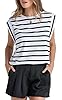 ELFIN Women's Cap Sleeve Tops Crewneck Stripe Top Casual Plain Tee Shirts Elegant Summer Loose Fit Tank Tops White-Black #3