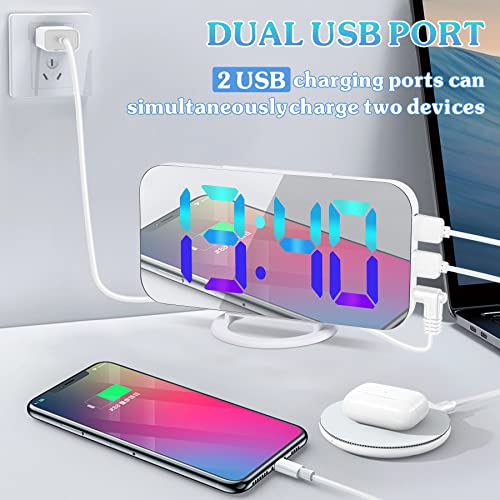 U-Pick Digital Alarm Clock, Led Rgb Colorful Clocks For Bedrooms With 11 Color Modes Display, Mirror Surface, 2 Usb Charger Ports, Modern Desk Clock For Living Room Office Teens -White #TOP4