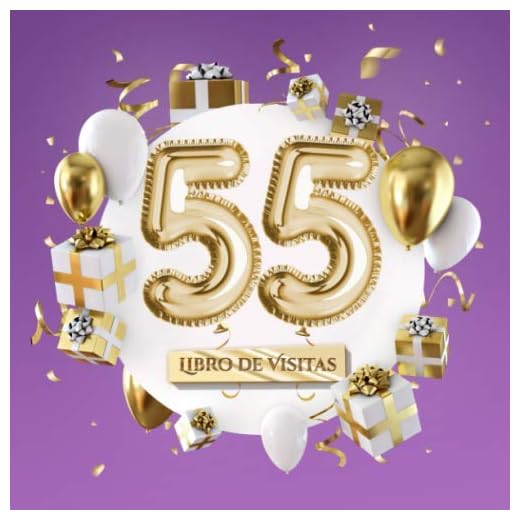 Libro de visitas: Decoración para el 55 cumpleaños – Regalos para hombre y mujer - 55 años - Edición Globos Oro Morado - Libro de firmas para felicitaciones y fotos de los invitados