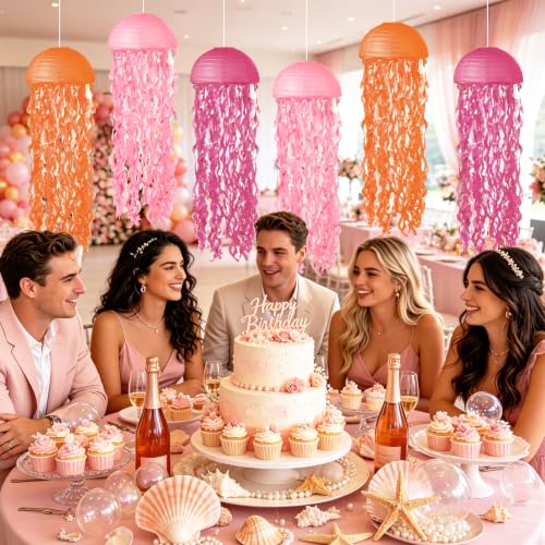 Image of Jellyfish Paper Lanterns 6 Pcs Hanging Ocean Sea Party Decor | Jelly Fish Paper Lanterns for Mermaid Under The Sea, Ocean, Baby Shower and Spongebob Birthday Party Decorations