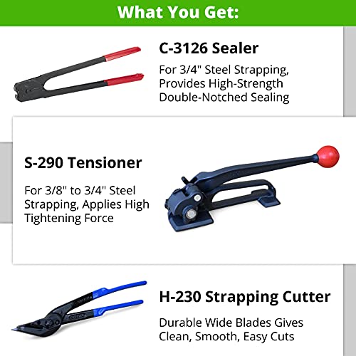 Idl Packaging - S-290, H-230, C-3126 Strapping Tool Set For 3/4" Steel Strapping - Tensioner, Sealer, Cutter For Steel/Metal Banding - Packaging Strapping Tool Kit #TOP2