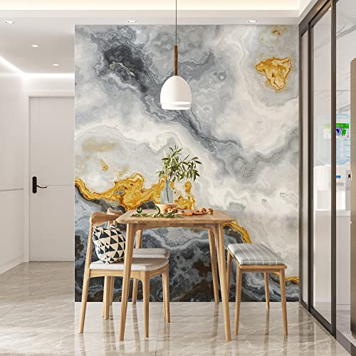 Gray and Gold Marble Stone Quartz Agate Peel and Stick Wallpaper Gold Splash Design | Removable Wall Mural. #6190. (9ft H X 8ft W)