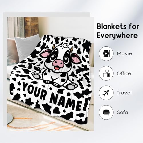 Custom Cow Blanket, Cozy Soft Throw Gifts for Women, Cute White Flannel Throw Blankets for Couch Office, 60x80 Inches