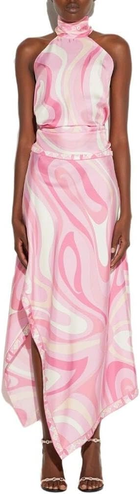 Wuitrie Two Piece Skirt Set for Women Summer Fashion Printed Satin Hanging Backless Top Irregular Midi Skirt Trendy Set