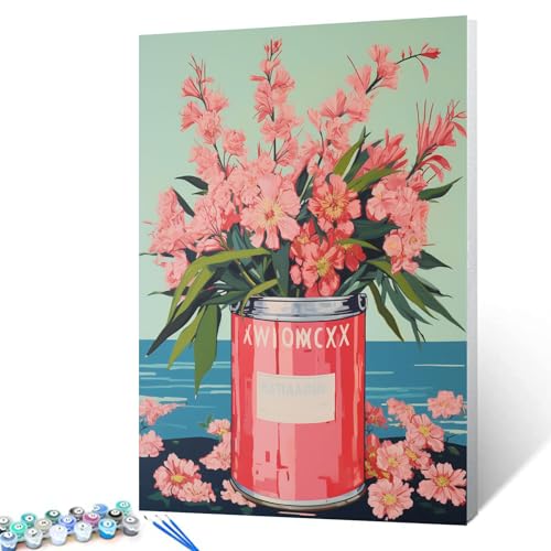 Paint by Number Pink Flowers in a Pink Tin DIY Cute Painting on Canvas with Brushes Acrylic Paints Floral Green Leaves Paint by Numbers for Adults and Kids Student Beginner 16x20 Inch（DIY Frame）