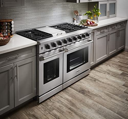 Thor Kitchen 48" Freestanding Gas Range With 6 Burners & 1 Griddle Cooktop, Double 4.6 Cu. Ft. And 2.2 Cu. Ft. Oven Capacity, Continuous Cast Iron Grates, Dual Fuel Range In Stainless Steel, Lrg4807U #TOP7