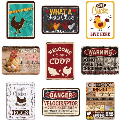 WERNNSAI Letreros de gallinero – 9 piezas de accesorios creativos de gallinero para gallinero, cartón, letreros de advertencia de granja, placas de arte vintage, decoraciones de jardín de granja