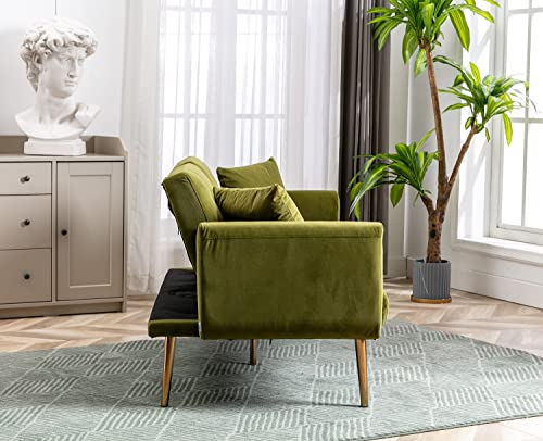 Antetek Velvet Futon Sofa Bed With 3 Adjustable Positions, Small Sleeper Sofa Loveseat With 2 Decorative Pillows, Modern Upholstered Convertible Couch With 5 Metal Tapered Legs (Olive Green) #TOP5