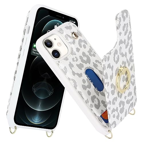 Image of for iPhone 12 Mini Case with Card Holder and Strap for Women,Crossbody Lanyard,Kickstand Ring Stand,Snap Clasp,RFID Blocking,Cute Phone Wallet Cases 5.4 inch(White Leopard)