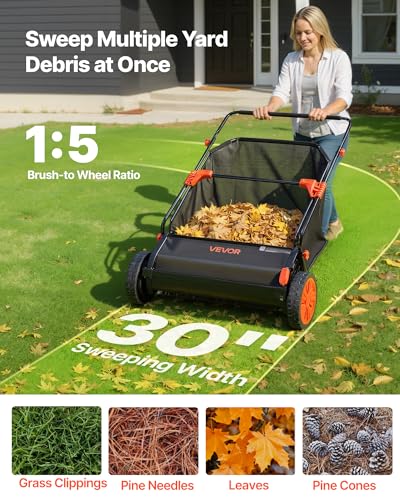 Image of VEVOR Push Lawn Sweeper, 30 in Leaf & Grass Collector with 12 cu. ft. Hopper Bag, Adjustable Brush Height & Spinning Brushes, Heavy Duty Yard Sweeper with Rubber Wheels for Leaves Grass Cleanup