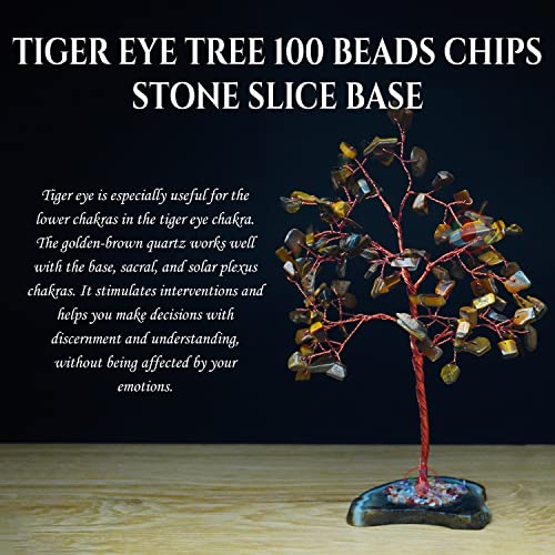 Image of REMEDYWALA Charged Energized Tiger Eye Crystal Tree with Agate Slice Base for Reiki Healing Tiger Eye Stones Crystal Tree 100 Beads