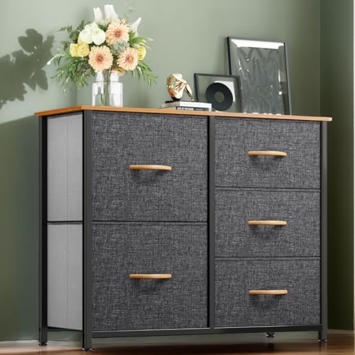 YITAHOME Comoda 5 Cajones,Cajonera de Tela,Sinfonier,Robusta Estructura metálica,para Dormitorio, Salón, Pasillo,Gris Oscuro
