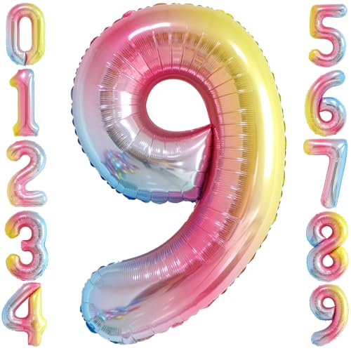 Image of Rainbow Gradient Number 9 Balloon 40 Inch Big Large Balloons 0-9 | 9th Helium Foil Mylar Number Balloons for Birthday Anniversary Party Decorations