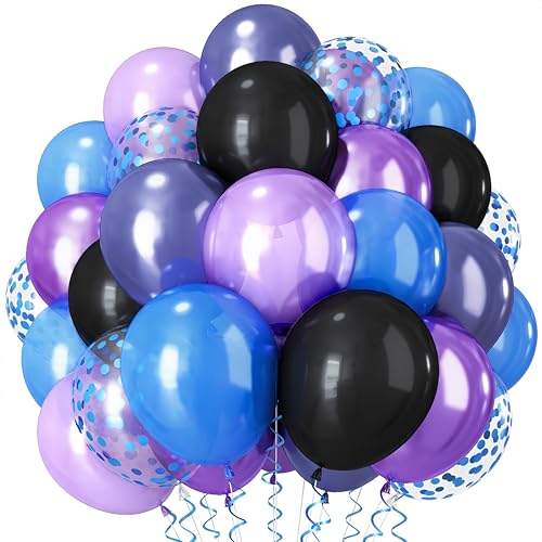 Image of Black Purple Blue Balloon, 60 PCS Outer Space Balloons, 12Inch Metallic Navy Blue Purple Black Balloon Pearl Purple Blue Confetti Latex Balloons for Kids Boys Astronaut Space Birthday Party Decoration