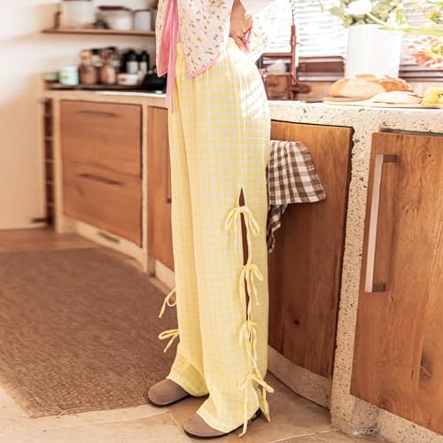 NUFIWI Women Y2k Gingham Pants High Waist Side Tie Up Hollow Out Pants Casual Relax Fit Wide Leg Lounge Pants4