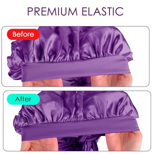 Adorila Extra Long Satin Bonnet for Women Adjustable Braid Bonnet with Tie Band, Double Layer Elastic Silk Headwear, Purple, One Size - Image 3