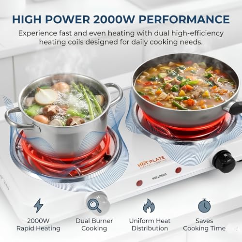 Image of Wellberg 2000W Double Burner Electric Cooking Stove with Fast Heating Coils, Temperature Control Switch and Portable Design for Daily Kitchen Cooking