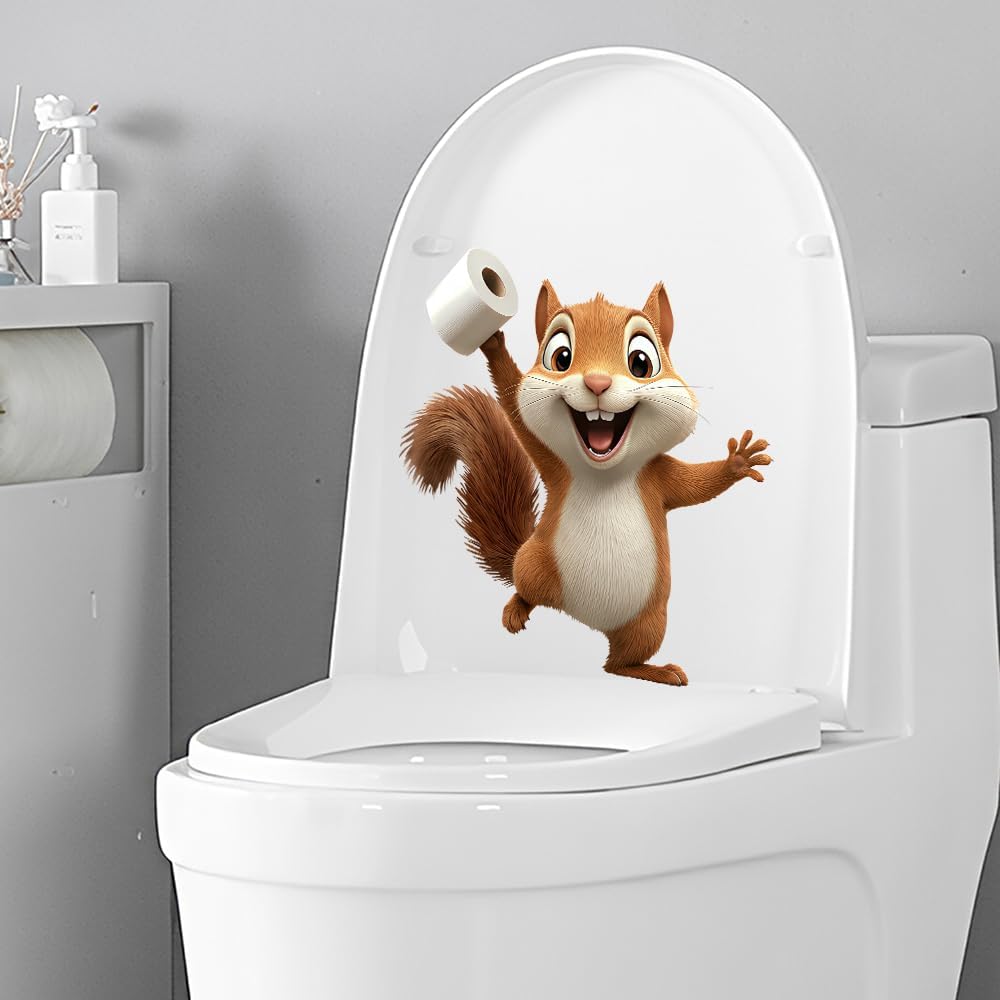 Funny Animal Toilet Lid Sticker, Cartoon Dog Duck Monkey Frog Squirrel Holding Toilet Paper Roll, Humorous Vinyl Decal for Bathroom Toilet Seat Cistern (Squirrel)