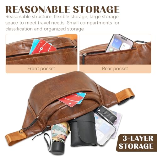 Image of GUSTAVE PU Leather Waist Bag for Men Vintage Brown Shoulder Bag with Adjustable Quick Release Strap, Double Layer Design for Outdoor & Casual Use, Crossbody & Waist Bag, 22x7x16cm Stylish & Durable