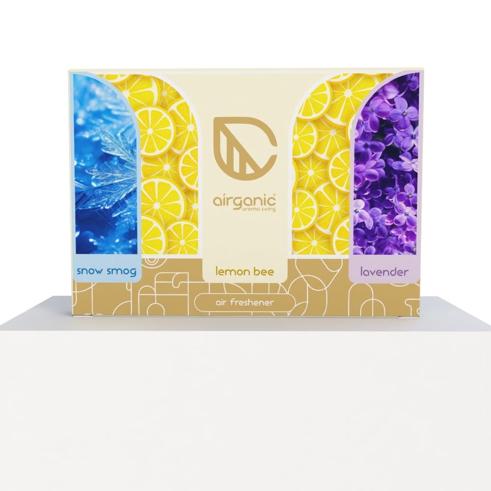 AIRGANIC Aroma Swing Combo Offer: Lemon Bee, Lavender & Snow Smog | Aroma with Essential Oils in Glass Bottle with Wooden Diffuser Lid| Car Hanging Accessories| Car Accessories Interior