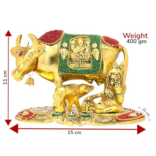Image of KridayKraft Kamdhenu Cow,Calf with Bal Gopal Krishna Metal Statue for Good Luck,Feng Shui As Table Top Figurine,Vastu,Religious Gau MATA Idol Home,Office&Table Decorative,Animal.