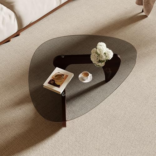 Image of Modern Coffee Table for Living Room and Small Spaces, 35.6 inch x 25.4 inch x 15.8 inch Triangle Tempered Glass Table Top and Solid Wood Base, Walnut