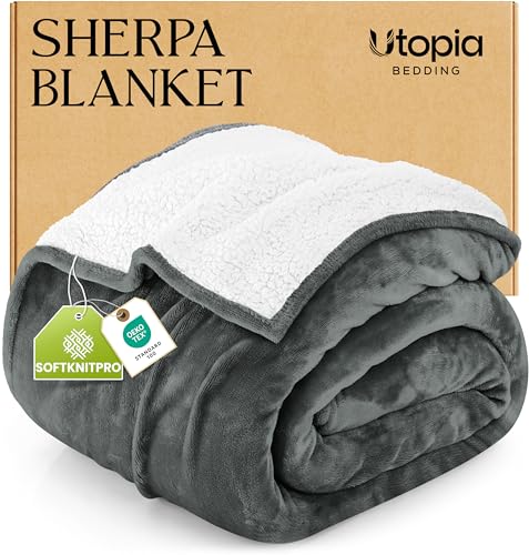 Utopia Bedding Double Sherpa Fleece Blanket (Grey 150x200cm) Cosy Warm & Thick Blankets for Bed Sofas and Couch