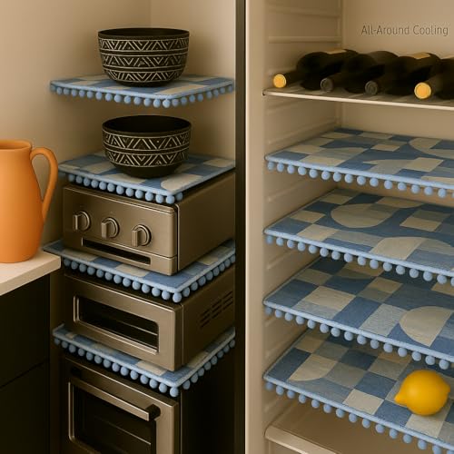 Image of Side-by-Side Door Fridge Shelf Liners Set: Mats for Refrigerator and Freezer Sections - Machine Washable Liners for Glass Shelves, Drawers, and Trays-Refrigerator Accessories, 22Pc(Blue Geometric)