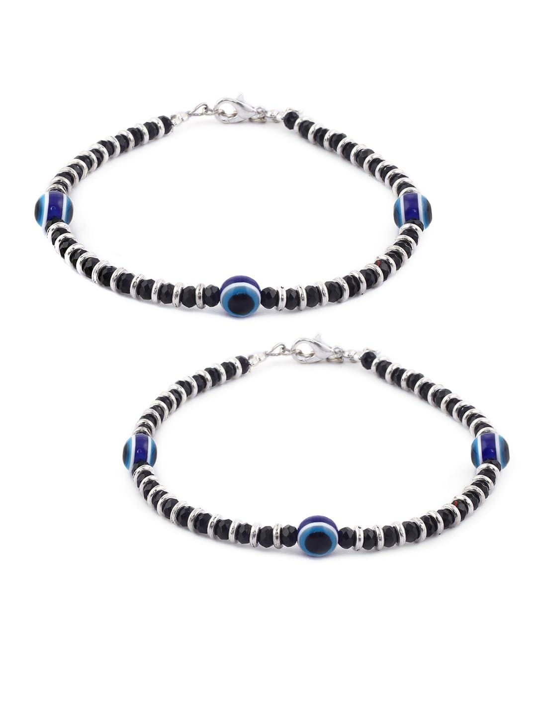 Womens Set of 2 German Silver Blue & Black Evil Eye Beaded Anklets-image-0