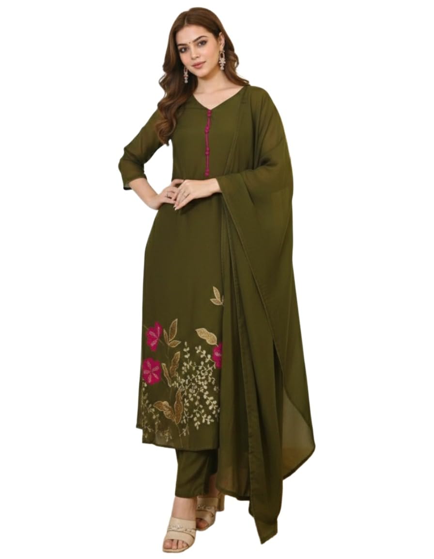 Women's Viscose Blend Embroidered Straight Kurta with Pant & Dupatta | Ethnic Kurta Set for Women | 3/4 Sleeve Festive Traditional Dress | Office, Party & Daily Outfits Suit Set-image-29