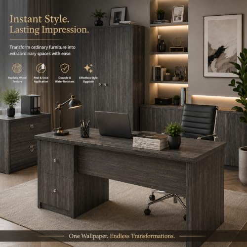 Image of HOME13 Wood Grain Wallpaper Peel and Stick Wood Contact Paper Self Adhesive Removable Thicken Wooden Wall Paper for Kitchen Cabinets Drawer Shelf Liner Waterproof(12x72 Inch, Charcoal Grey)