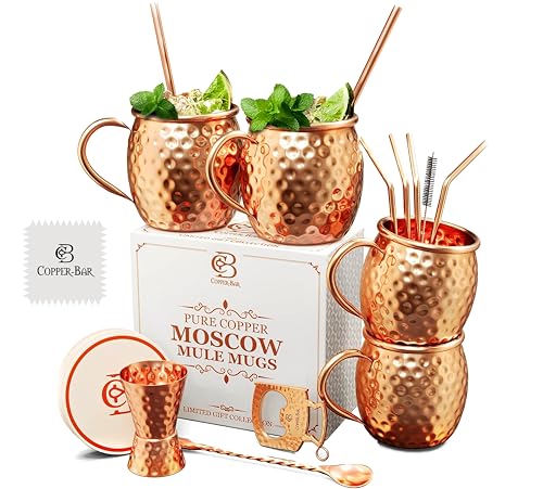 COPPER-BAR Moscow Mule Copper Mugs - Unique HANDCRAFTED Gift Set of 4, Hammered by Artisan, 100% Pure Solid Copper Cups 16oz for Drinking Water & Cocktails, Include 19 Pcs accessories & Special Opener