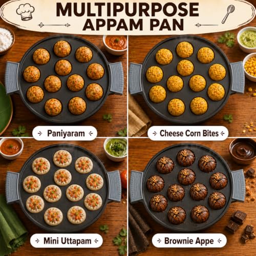 Image of Aditi Naturally Oil-Seasoned Appam Pan 12 Pit for Unniyappam /Paddu /Paniyarkal /Paniyaram(10 inch /25 cm), Protective Silicone Handle Covers
