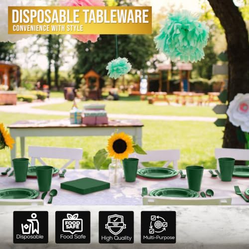 Image of Exquisite 350 Pcs Dark Green Plates and Napkins Party Supplies Plate Set | Sturdy Plastic Dinnerware Set With 9 inch & 7 inch Plates, 12 Oz Cups, Lunch Napkins and Cutlery Serves 50 for Birthdays & Everyday