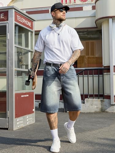 Image of PLEPAN Mens Super Baggy Jean Shorts 12 inch Vintage Loose Fit Wide Leg Long Jorts Y2K Streetwear Below Knee Denim Shorts