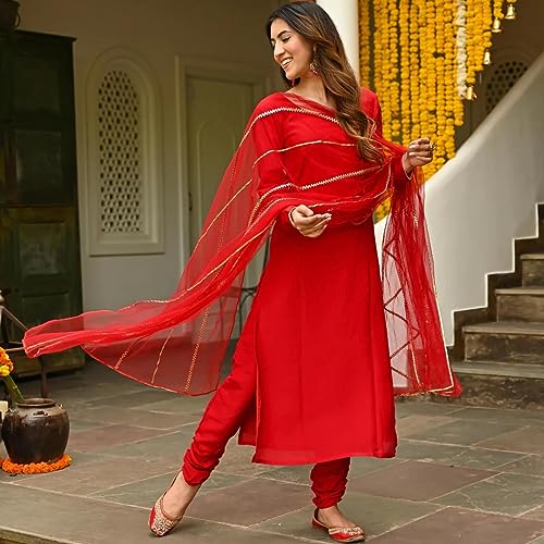 Image of GoSriKi Women's Cotton Blend Straight Solid Kurta with Pant & Dupatta