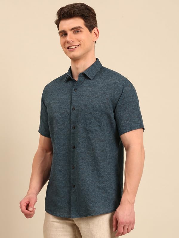 Image of Linen Club Men's Linen Rich Printed Contemporary Fit Half Sleeve Casual Shirt