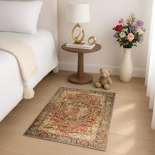 Imperial Rooms Machine Washable Bedside Small Rug 40x60 cm - Soft Short Pile Area Rugs For Bedroom Entrway Non Slip Floor Carpet Door Traditional Vintage Design Cashmere Mat For Kitchen, Majestic