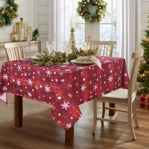 DWCN Christmas Checkered Tablecloth - Red Buffalo Plaid Snowflake Square Table Cloths, Winter Farmhouse Table Decorations for Christmas Dinners, Holiday, Party, 54 x 54 Inch