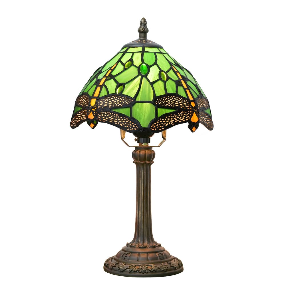 CNSXHAO Tiffany Style Table Lamp, 8 inch Stained Glass Desk Lamp, E27 Vintage Bedside Reading Light for Bedroom Living Room Study Room Office, Dragonfly & Green