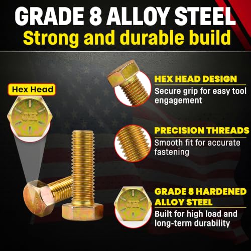 Image of Chenango Supply 5 /8-11 x 2 Grade 8 Hex Head Cap Screws | Alloy Steel Hex Bolts, 150,000 PSI Tensile Strength, Yellow Zinc Chromate Finish, USS Coarse Thread Fasteners (10 Pack)