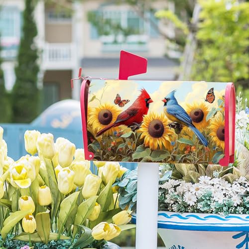 Image of Sunflower Birds Mailbox Cover Magnetic 25.5x21 Inch Large Size Spring Summer Floral Butterfly Waterproof Mailbox Wrap Post Cover for Outdoor Outside Garden Yard Seasonal Decor