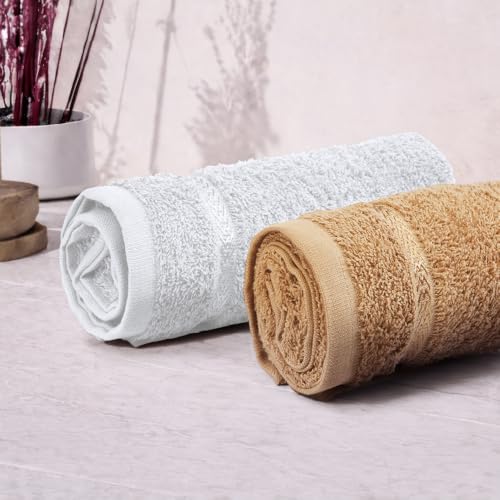 Image of Welspun Arlo Sports Hand Towel Set of 2 | 100% Cotton Gym & Fitness Essential | Soft, Absorbent & Quick Dry Sport Towel | Sweat Control for Workout, Yoga & Travel | 40 x 90 cm | Tan & White