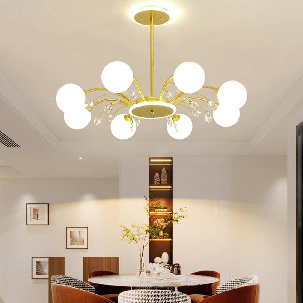 Lampadario d Lampadari moderni Lampadario da soffitto di metà secolo Lampadario con decorazione in cristallo con paralume in vetro bianco latte per soggiorno Cucina Camera da letto Sala da pranzo e l