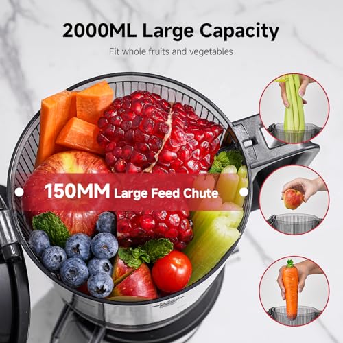 Cold Press Juicer Machine with 6" Extra-Wide Feed Chute,Triple Stainless Steel Filter,Quiet DC Motor,Easy to Clean, High Juice Yield Slow Masticating Juicer - Image 3