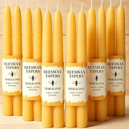 12 Pack Beeswax Taper Candles,8in Dripless Pure Beeswax Candles Non Toxic,8 Hours Long Burning 100% Natural Candle Sticks,Smokeless and Unscented Bees Wax Candle for Home,Prayer,Tall Tapered