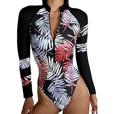 Reukree Womens Tummy Control Rash Guard High Cut One Piece Swimming Costume with Support Surfing Bathing Suit Red X-Large, UK Size 18-20 Cover